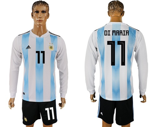 Argentina #11 Di Maria Home Long Sleeves Soccer Country Jersey - Click Image to Close